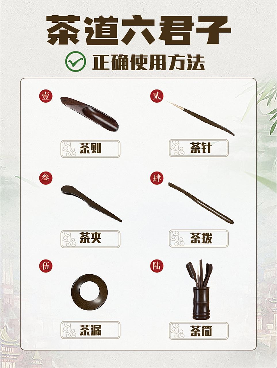 在茶道中,必不可少的就是茶道组合,简称茶道组,也被称为茶道六君子.