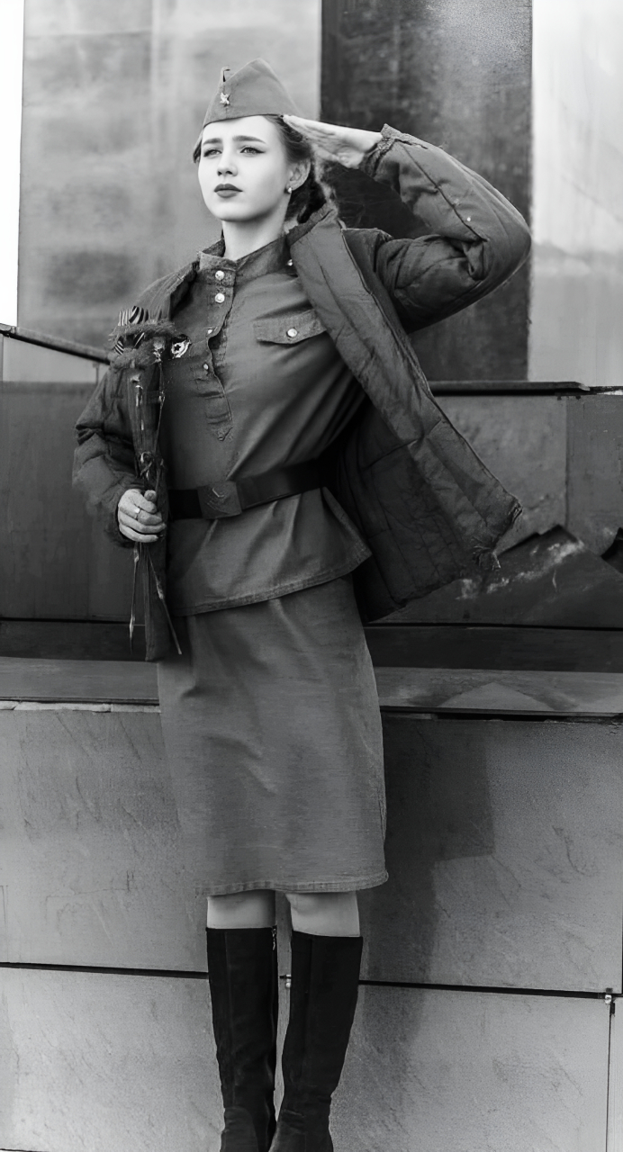 下图的女子是一名苏联女兵.   她敬畏敬礼!