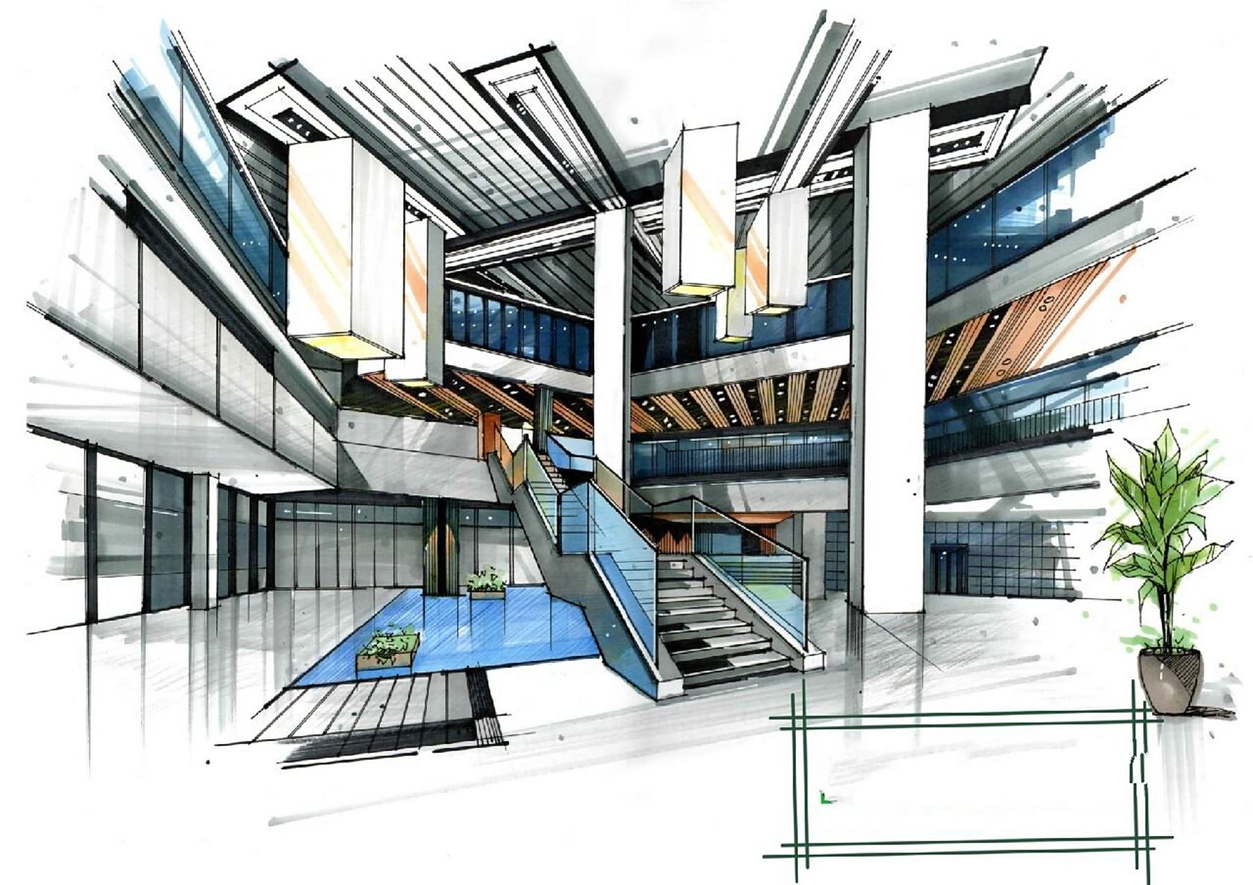 手绘商业空间线稿 马克笔练习	 临摹了一张商业空间,因为空间比较大画