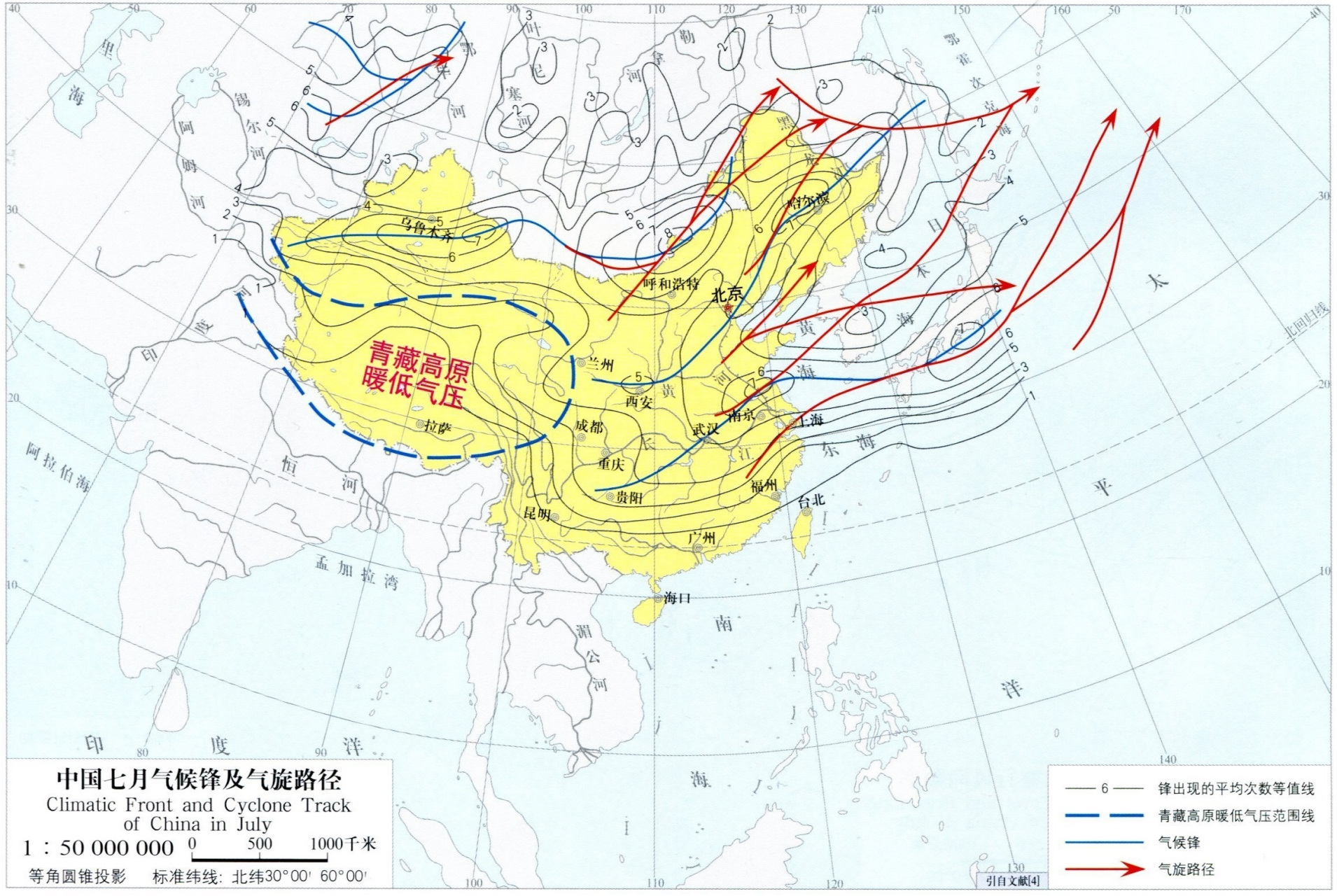 中国7月气候锋和气旋路径图