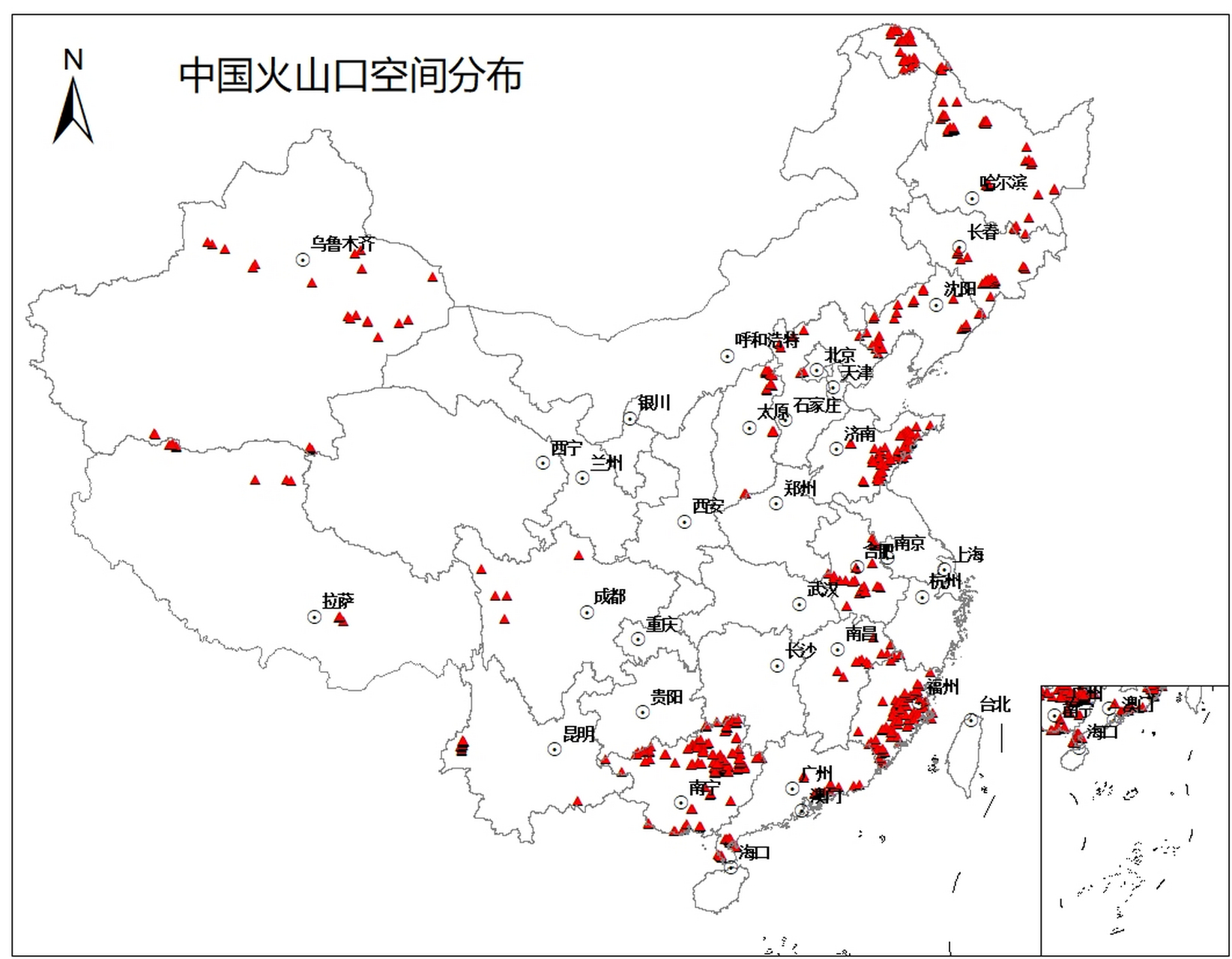 中國火山口空間分佈圖