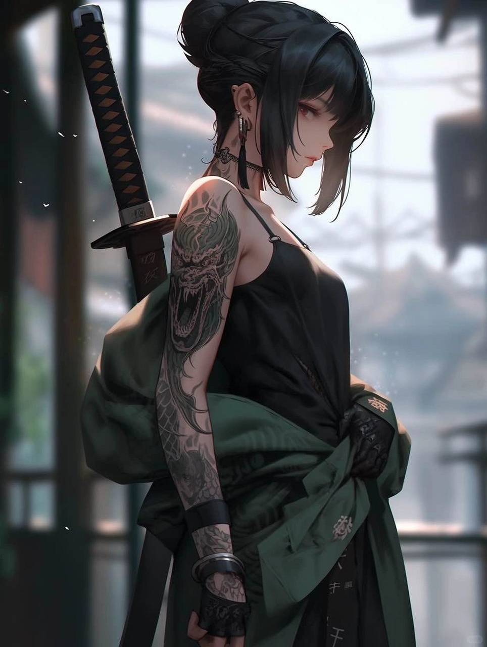 刀锋比话语更有说服力  年轻的纹身女孩拿着剑,日本风格的风景,深绿色