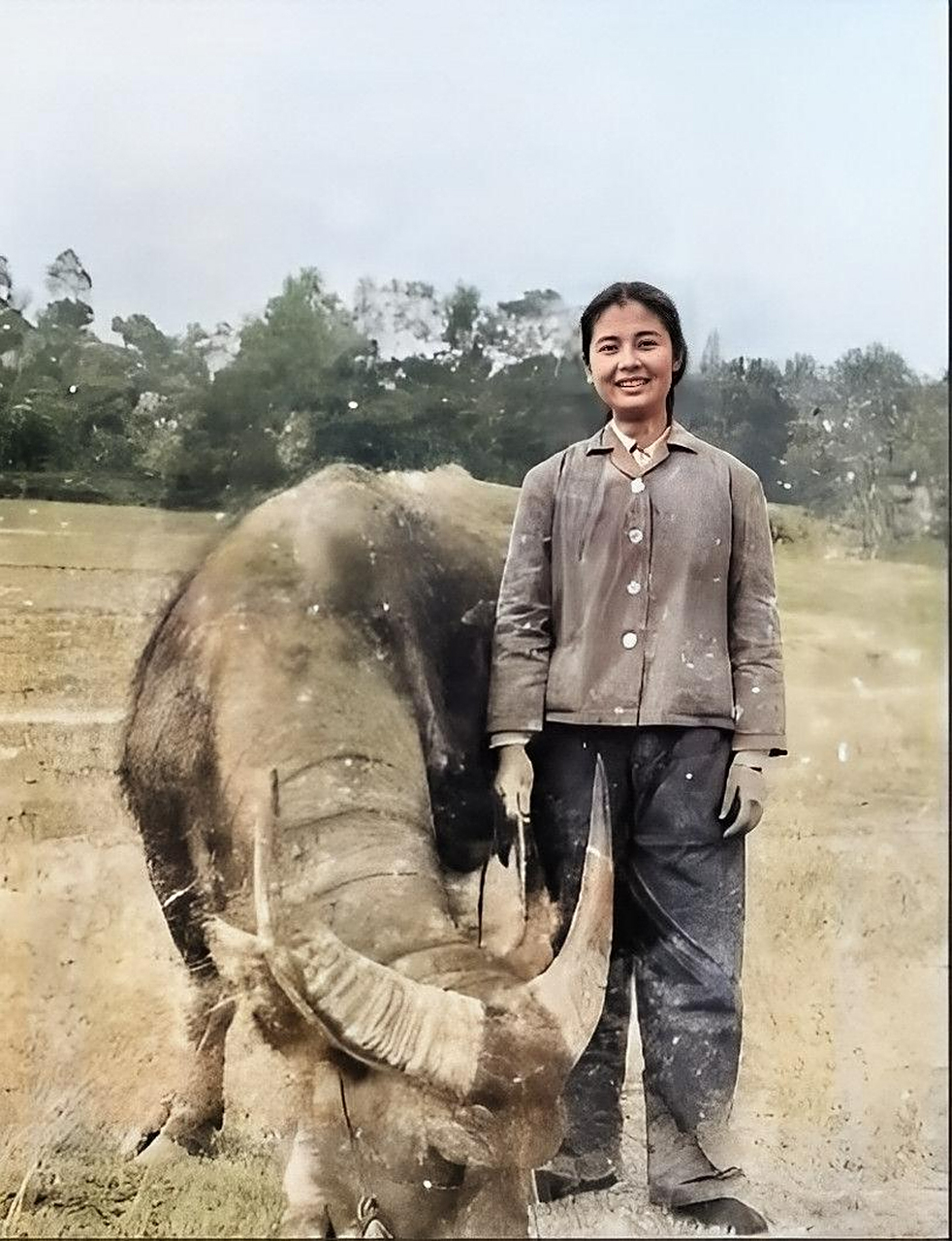 上世纪70年代的上世纪,广东山女知青放牛回来,对着镜头灿烂地笑着.