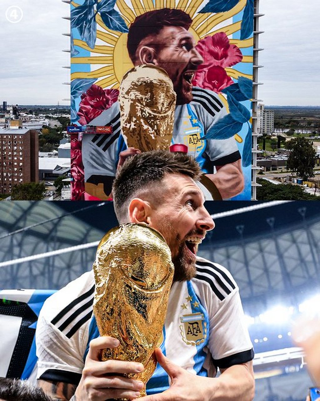 梅西在世界杯手捧大力神杯的壁画,经典场面!