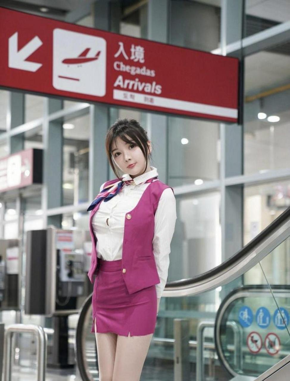 图集美女:粉色空姐制服童颜美女,长腿肉丝性感短裙