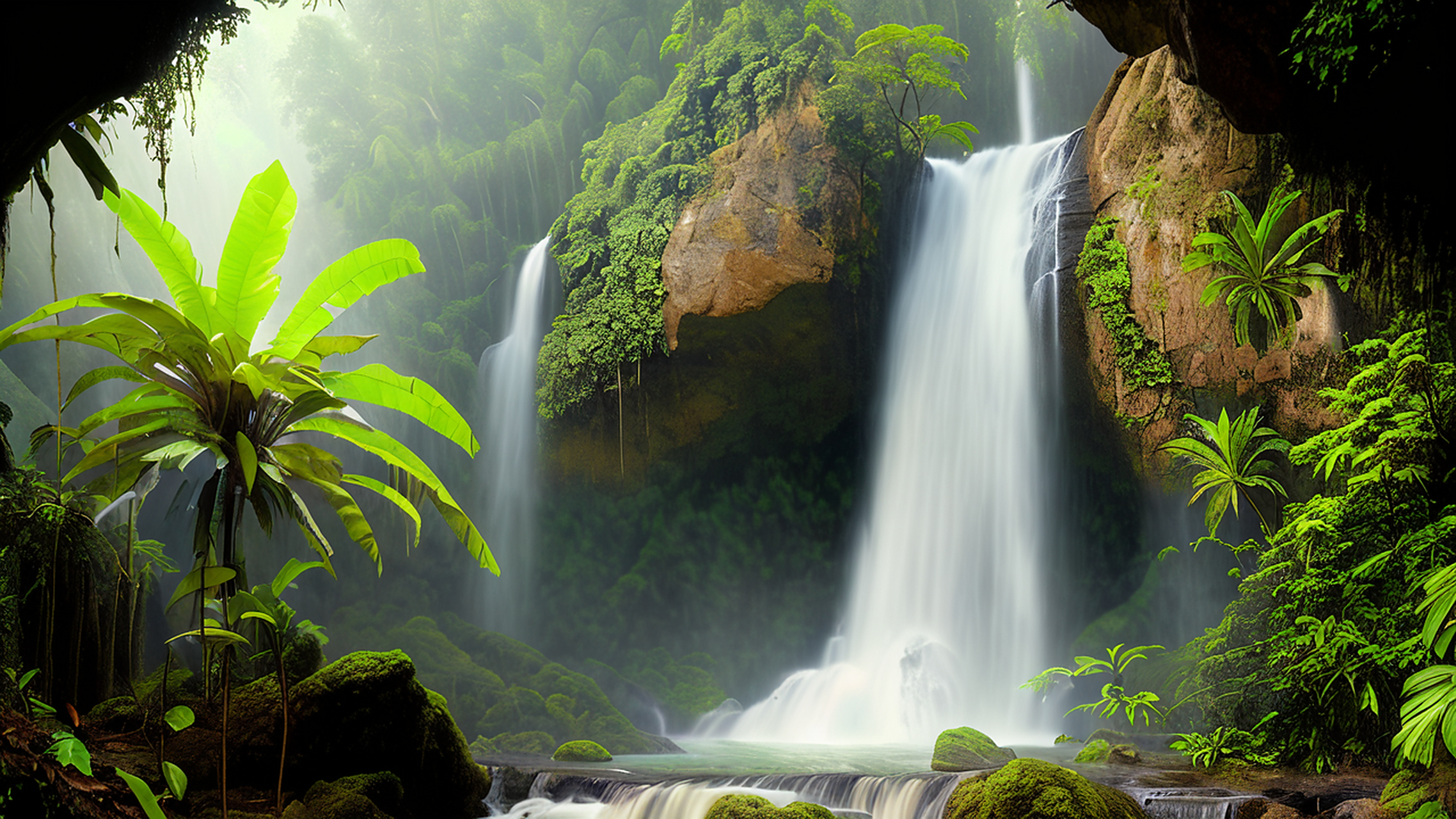 文心一格#  茂密的热带雨林中,瀑布如白练般垂落,营造出神秘的氛围.