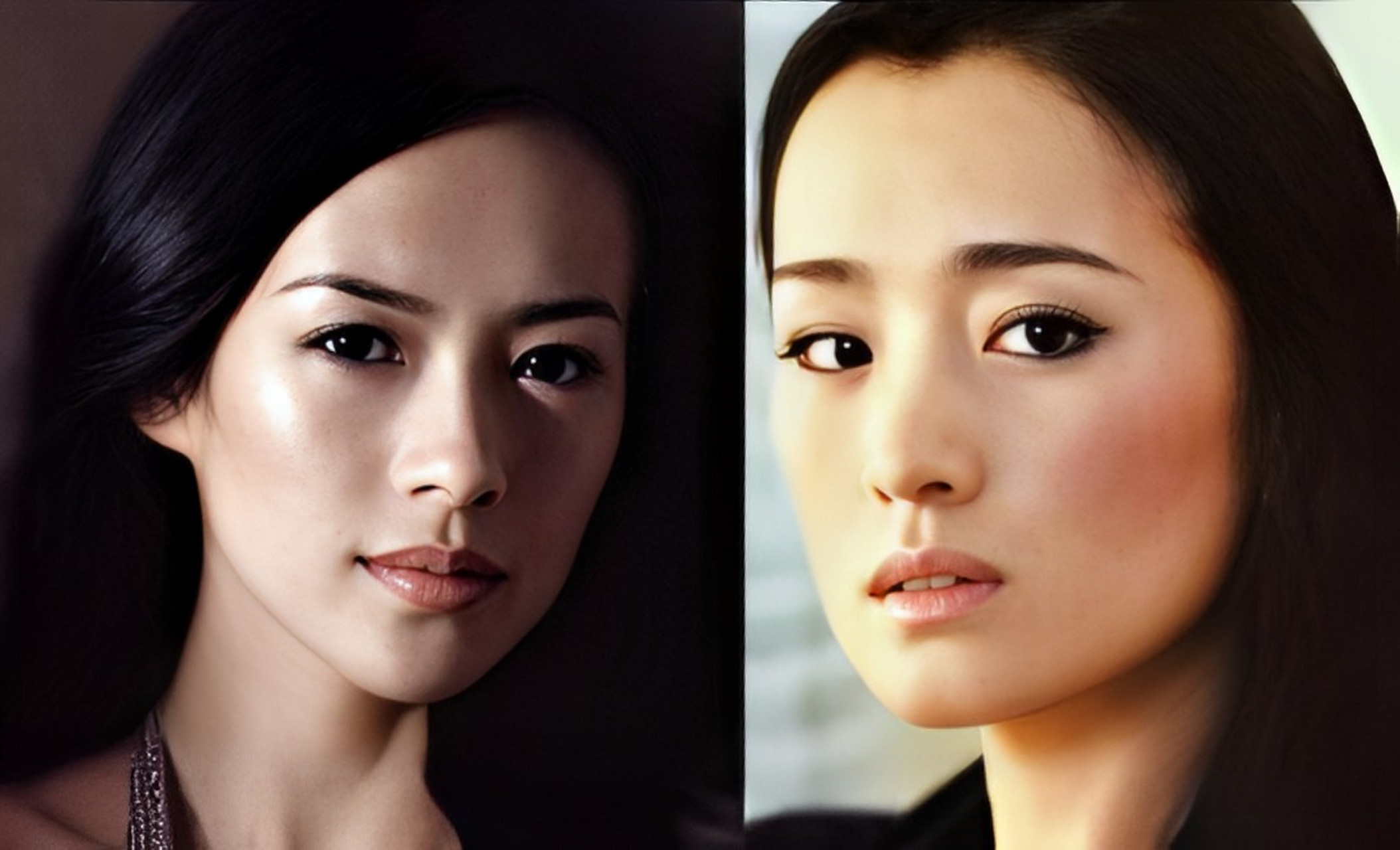 早期的巩俐和章子怡罕见的同框,巩俐穿着色彩鲜艳的礼服,章子怡一身