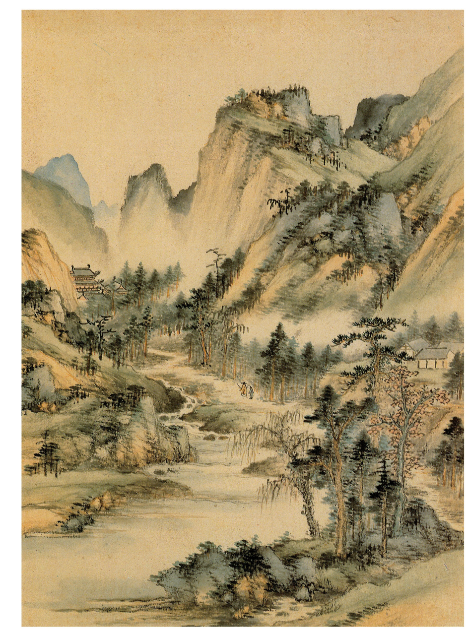 陆远《摹古山水册》 陆远山水喜青绿设色,山势巍峨,云雾迷漫,溪水潺潺