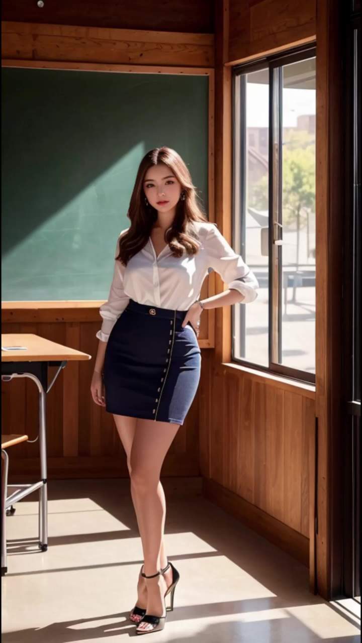 由ai绘制的教室里的性感女老师,搭配着黑色皮质短裙和白色丝质衬衫