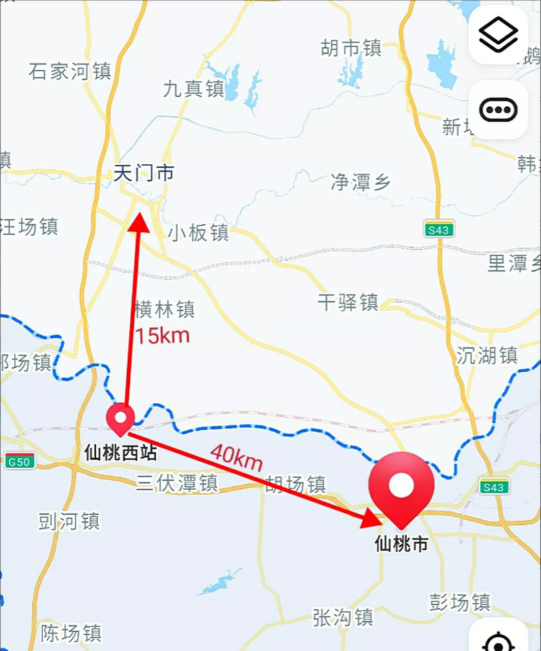 从地图上来看,天门南站偏居天门市东南一隅,距离天门城区足足40多