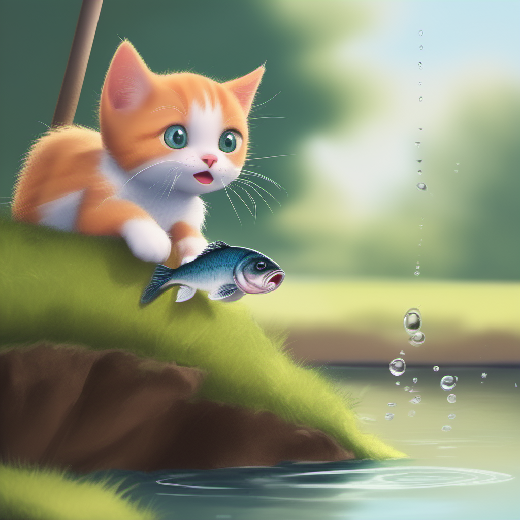 钓竿轻轻颤动 小猫努力收杆 水面上起涟漪,一条鱼儿上钩了 小猫的眼睛