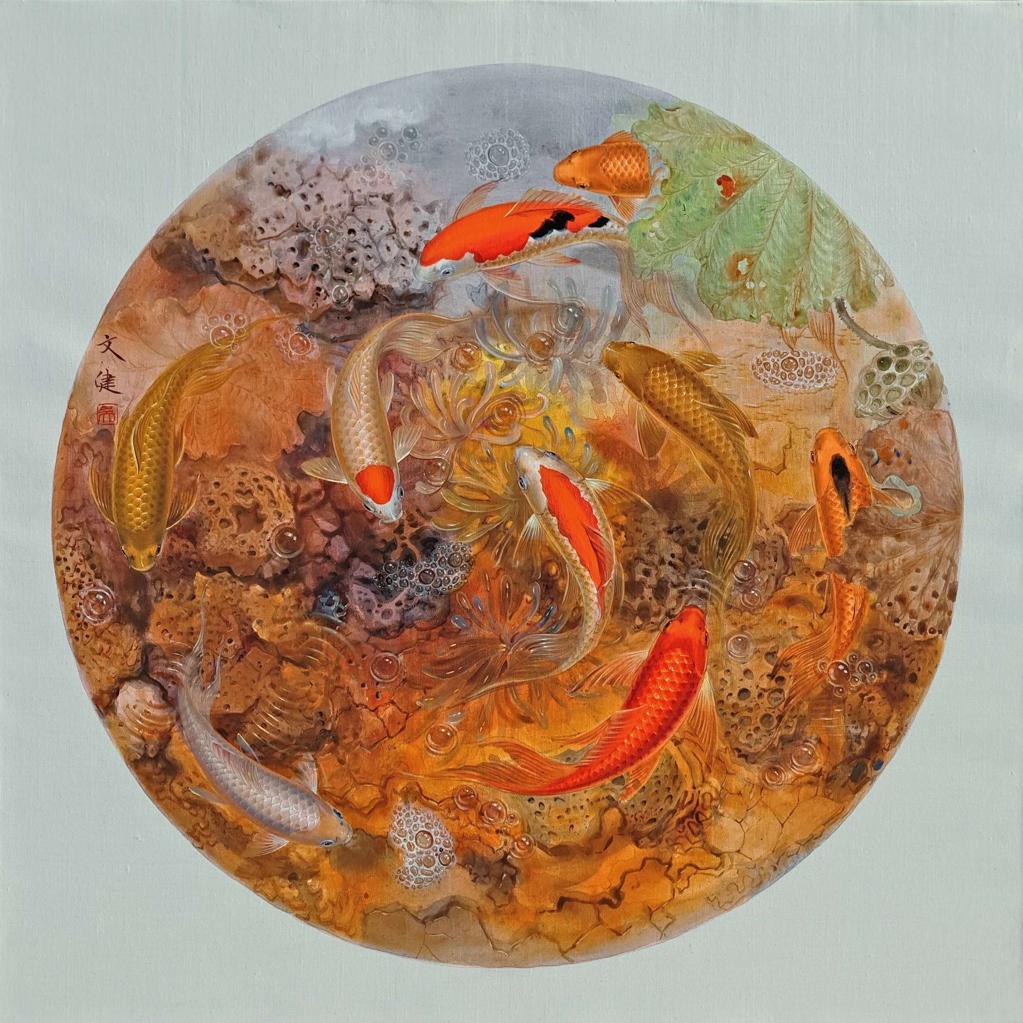 吴文健油画《九鱼图》#艺惠藏137187#   吴文健,一位才华横溢的画家