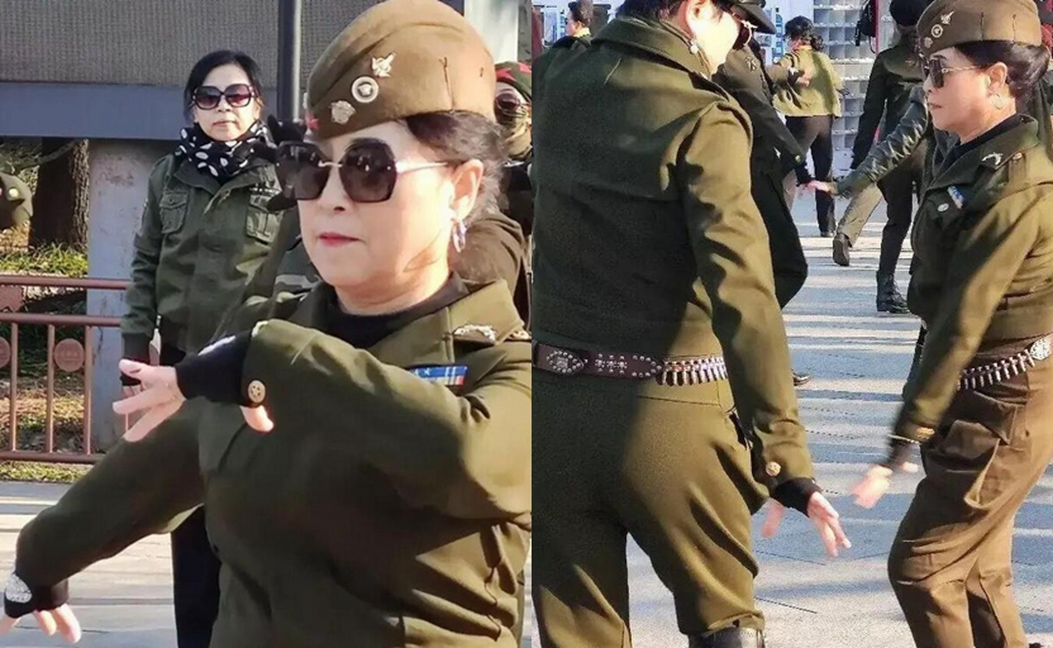 北京陶然亭公园出现大妈们穿国民党女军官服,身上围了一圈假子弹,每天