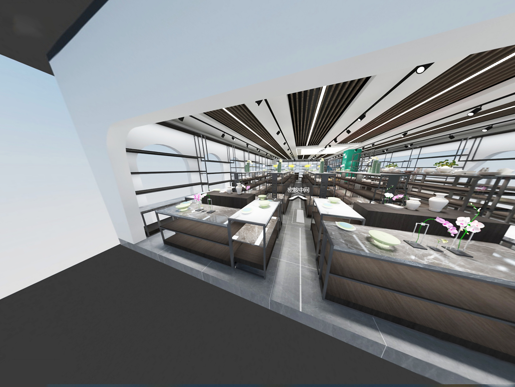 酒店用品展厅内设计师在展台,橱窗,展架等视觉要素组合美感,在视觉