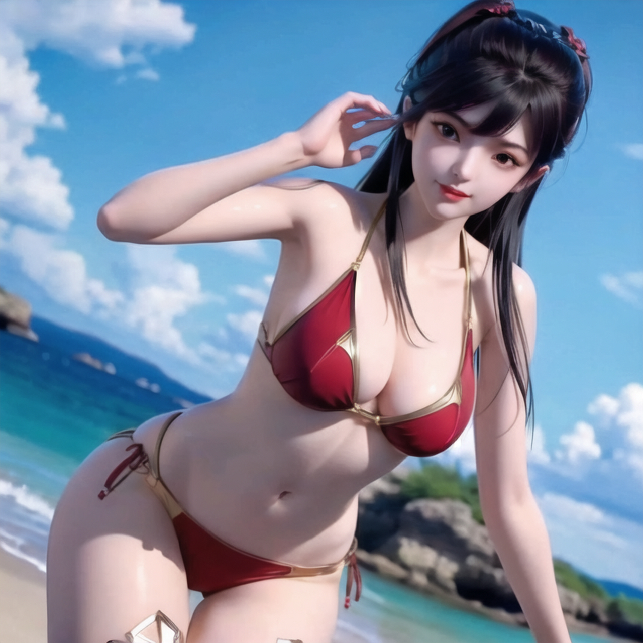 在阳光明媚的海滩上,有一位甜美,丰满的美少女,她身着比基尼,展现出