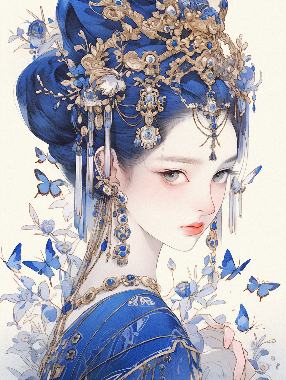 古风蓝色蝴蝶美人  在古代,蓝色蝴蝶常常被视为美丽和优雅的象征.