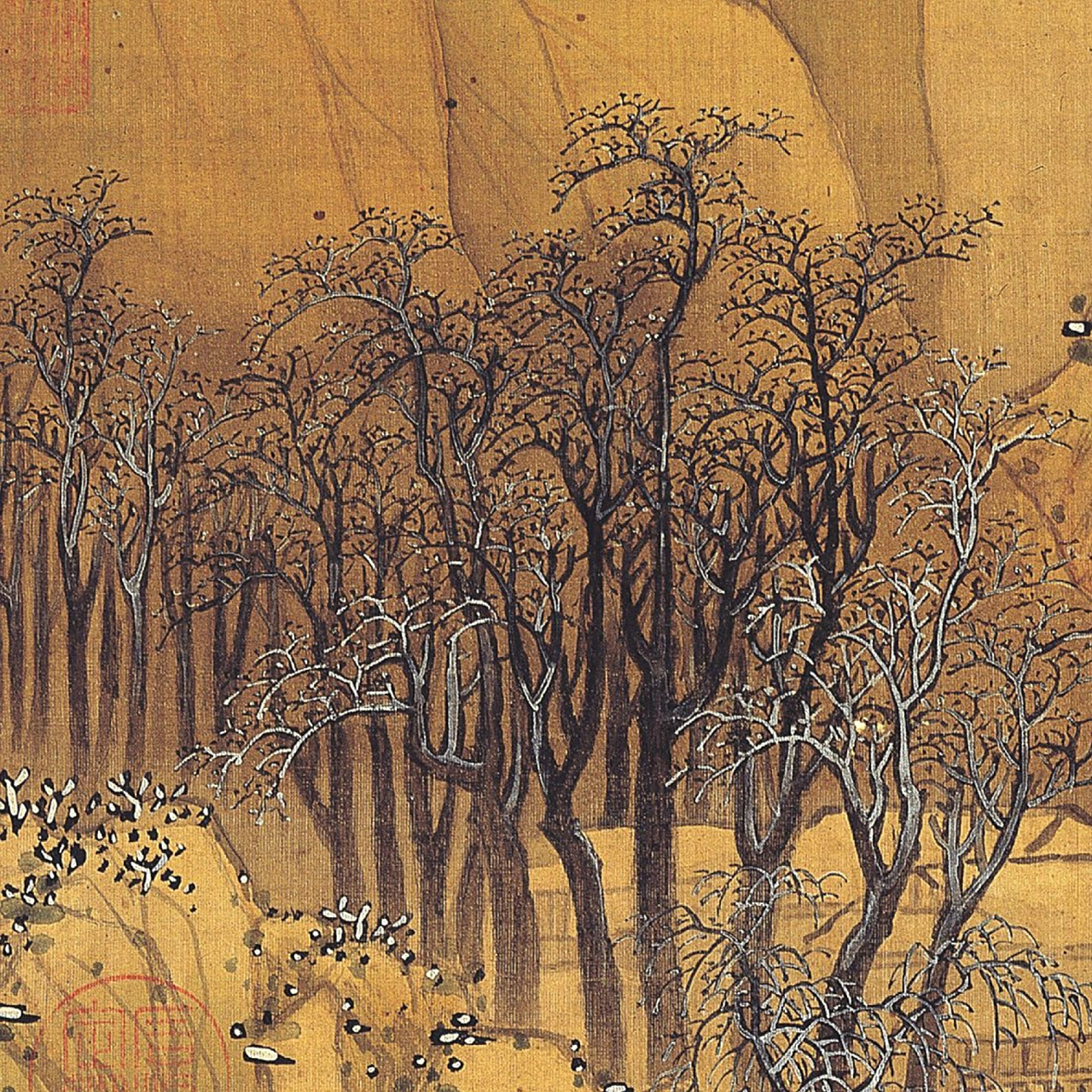 蓝瑛《溪山雪霁图》,画中运用了石青,赭石,白粉等不同的颜料,丰富的