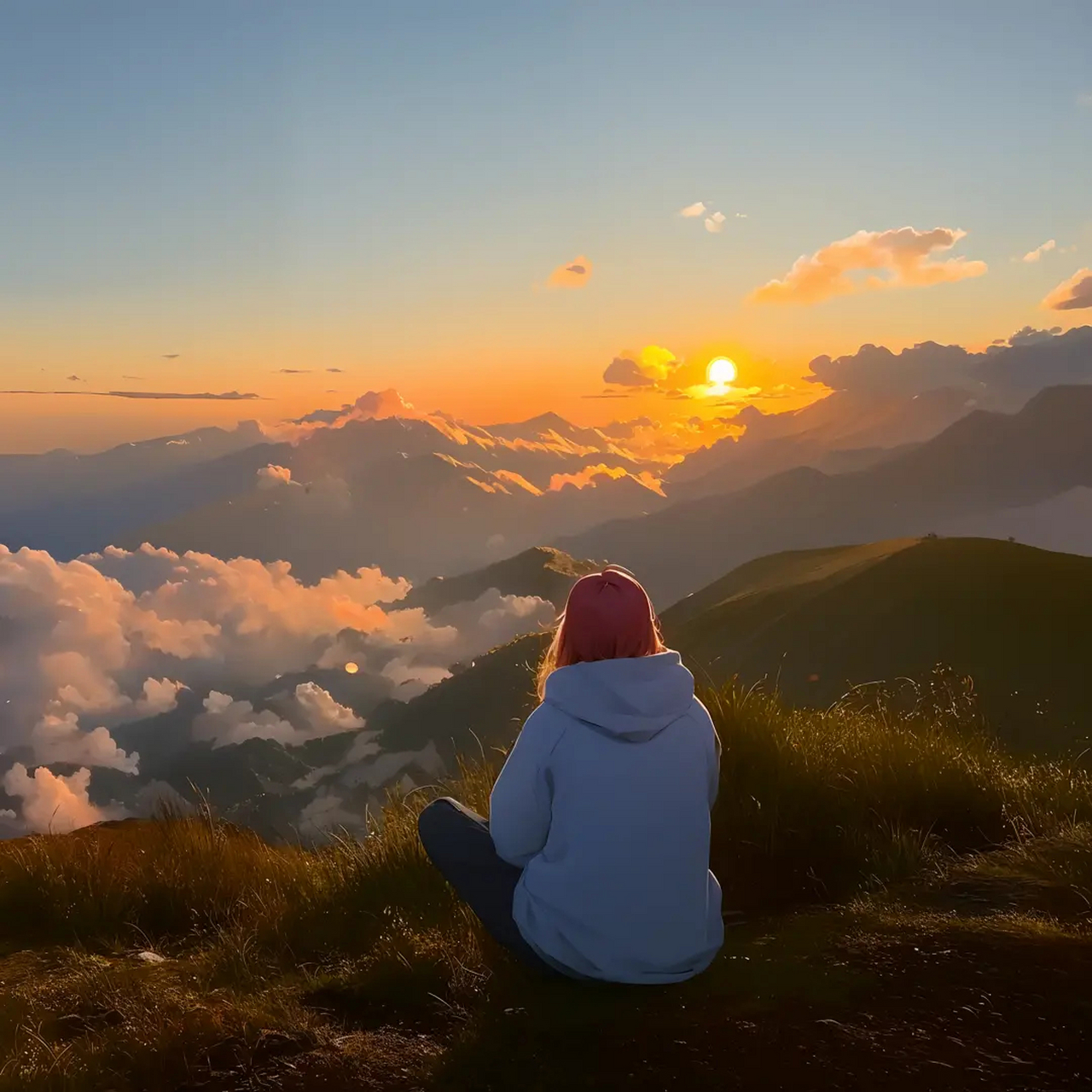 在一幅引人入胜的夕阳美景中一个年轻的女孩站在湖边欣赏着落日的