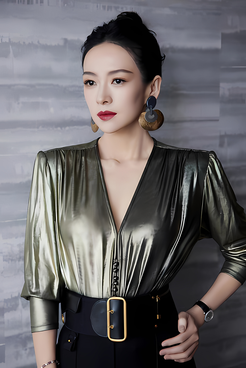 章子怡现身北影节红毯上,这件暗金色深v上衣搭配高腰阔腿裤,这气场我