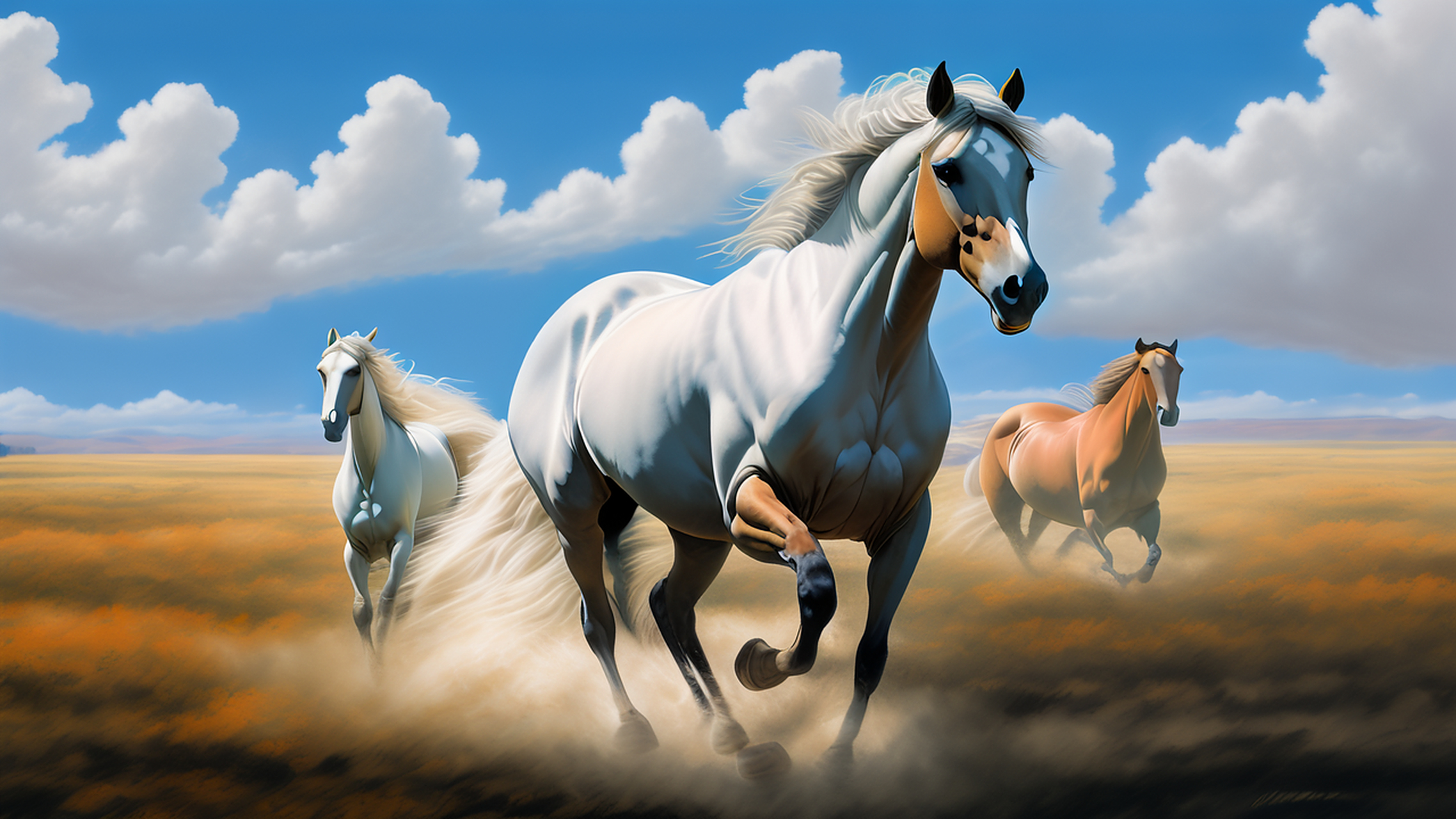 在草原上,蓝天白云下奔跑的骏马,尽显自由与野性.