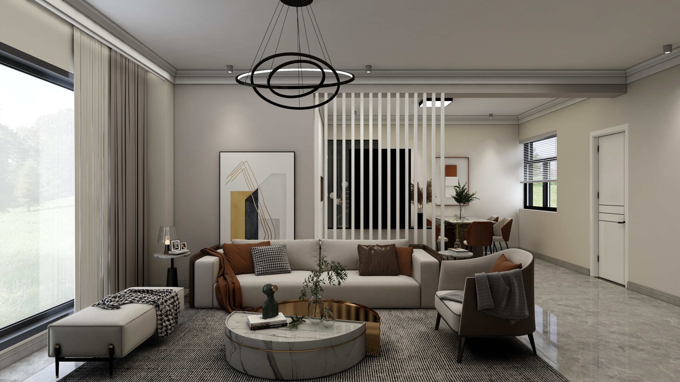 110㎡ 现代简约 客厅墙面使用了奶咖色的设计,使得整个空间看起来更加