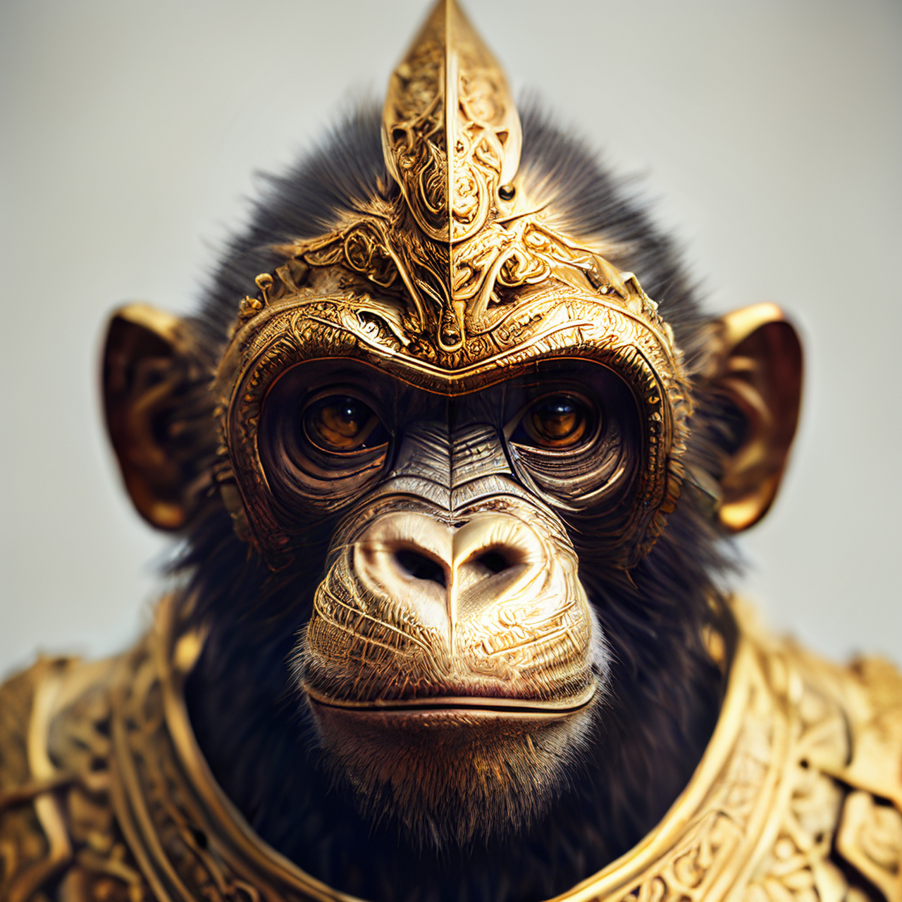 拟人的雄伟猴子,特写肖像,详细的盔甲,复杂的金属丝设计,黄金,钢铁