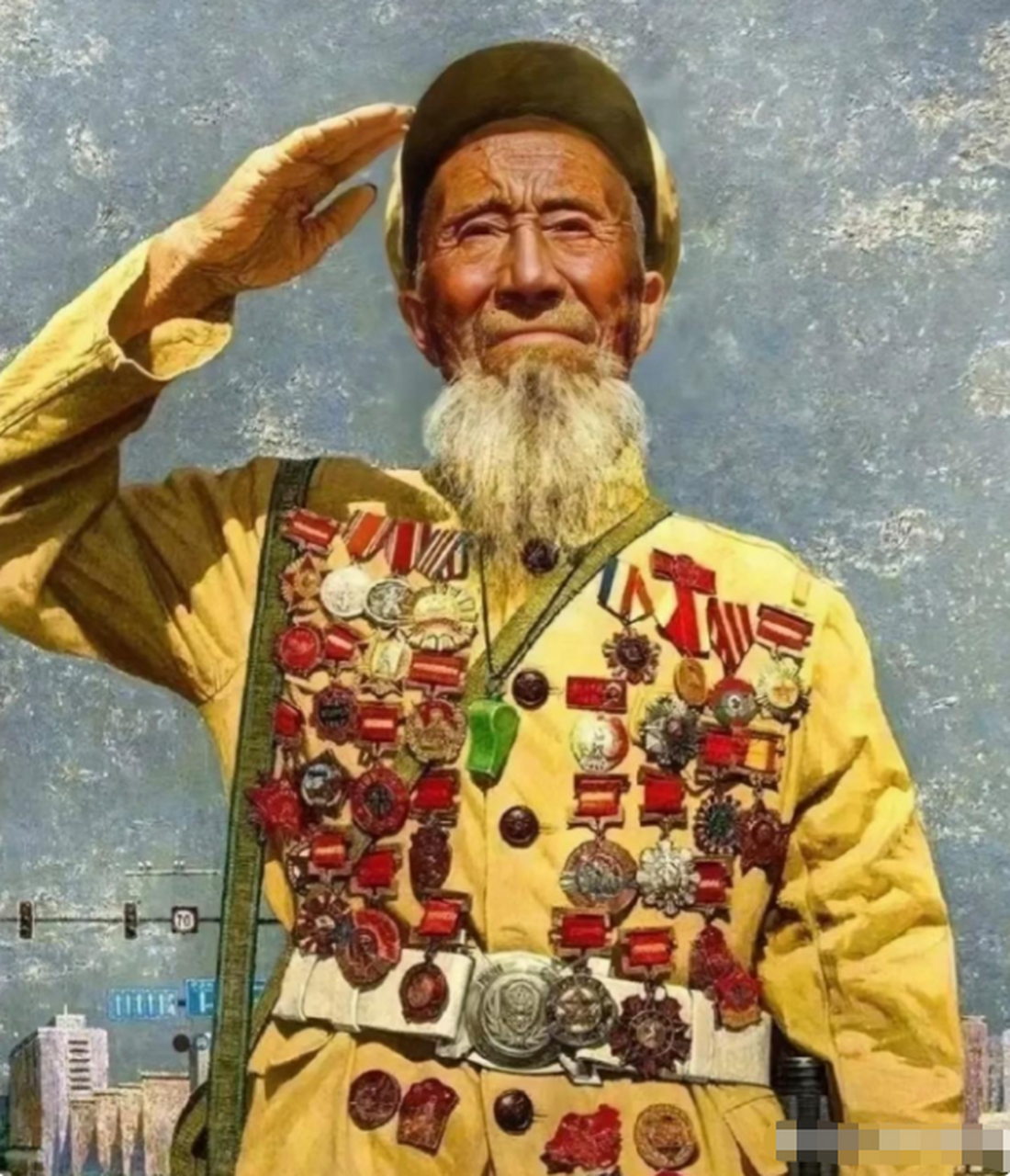 老兵身上挂满了荣誉勋章.