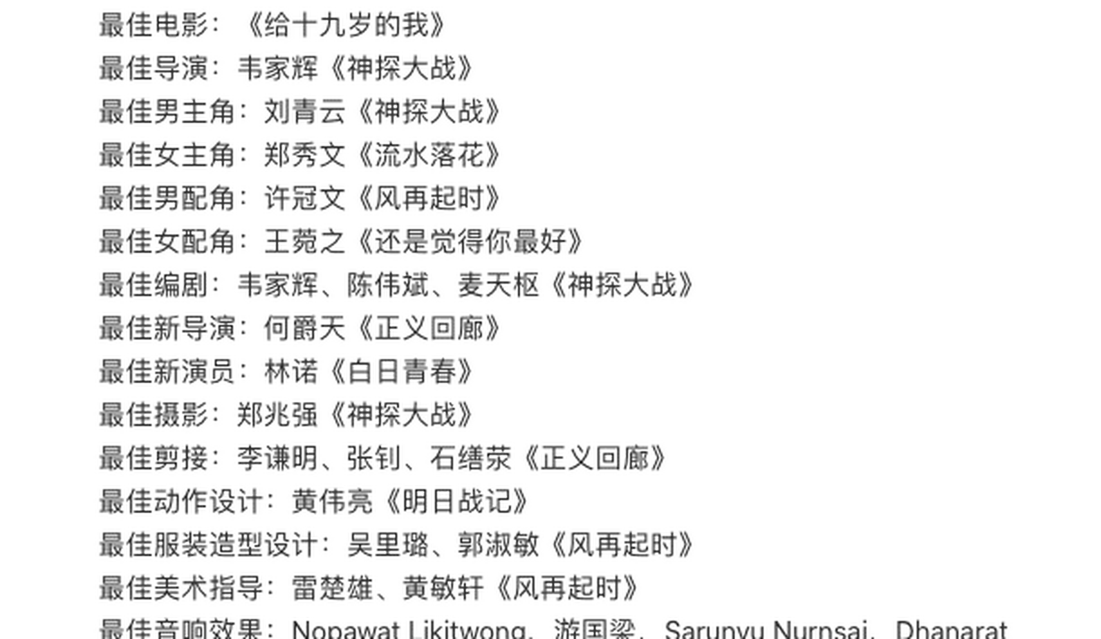 第41届香港电影金像奖获奖名单公布  刘青云和郑秀文获得"影帝影后"
