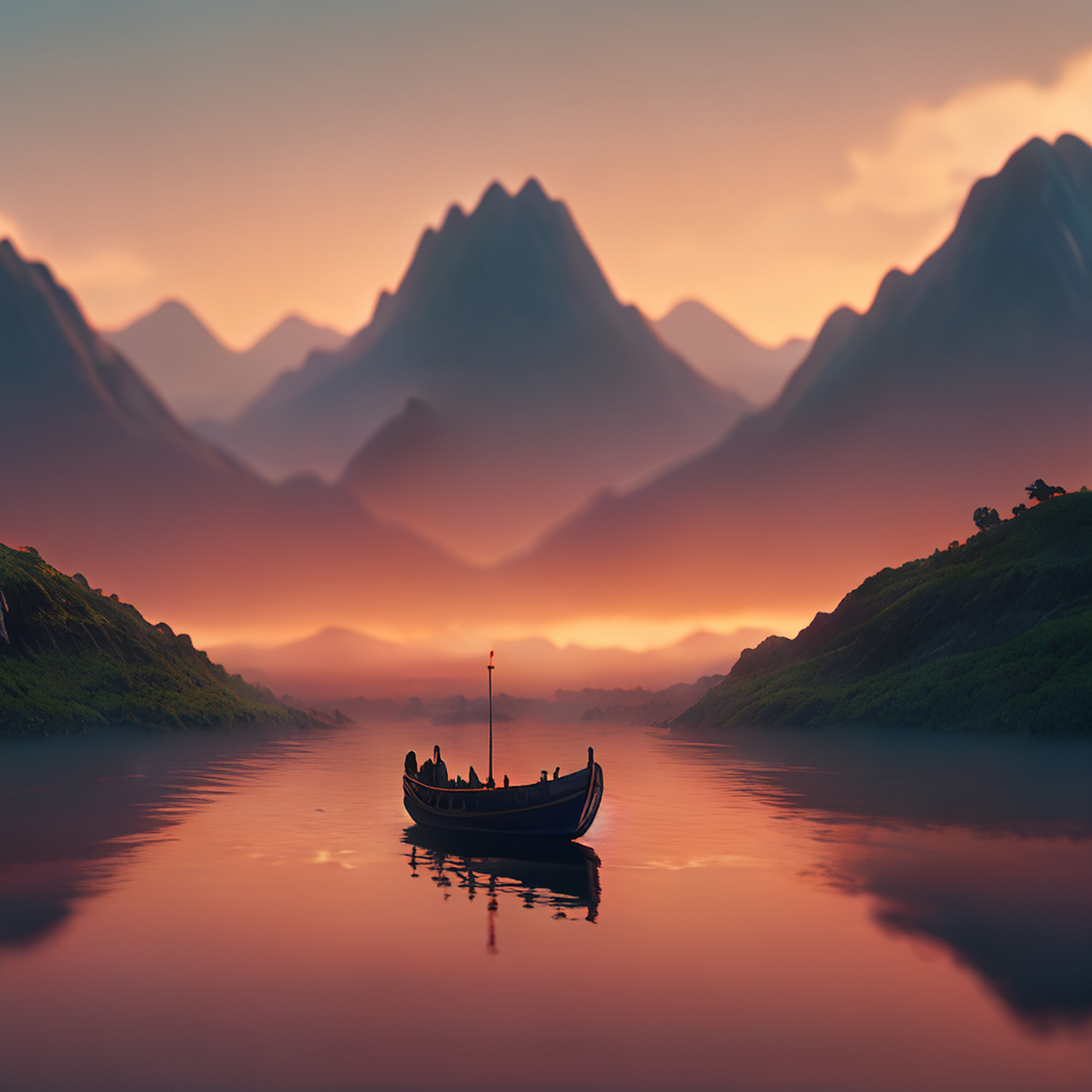 渲染微视图,吉卜力艺术,落日山水好,漾舟信归风.