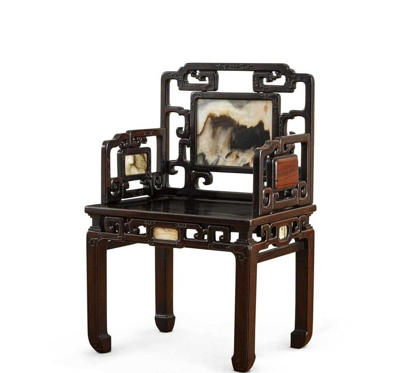 清末广作紫檀嵌大理石靠背椅及花几一組四件规格宽62厘米,深48厘米,坐