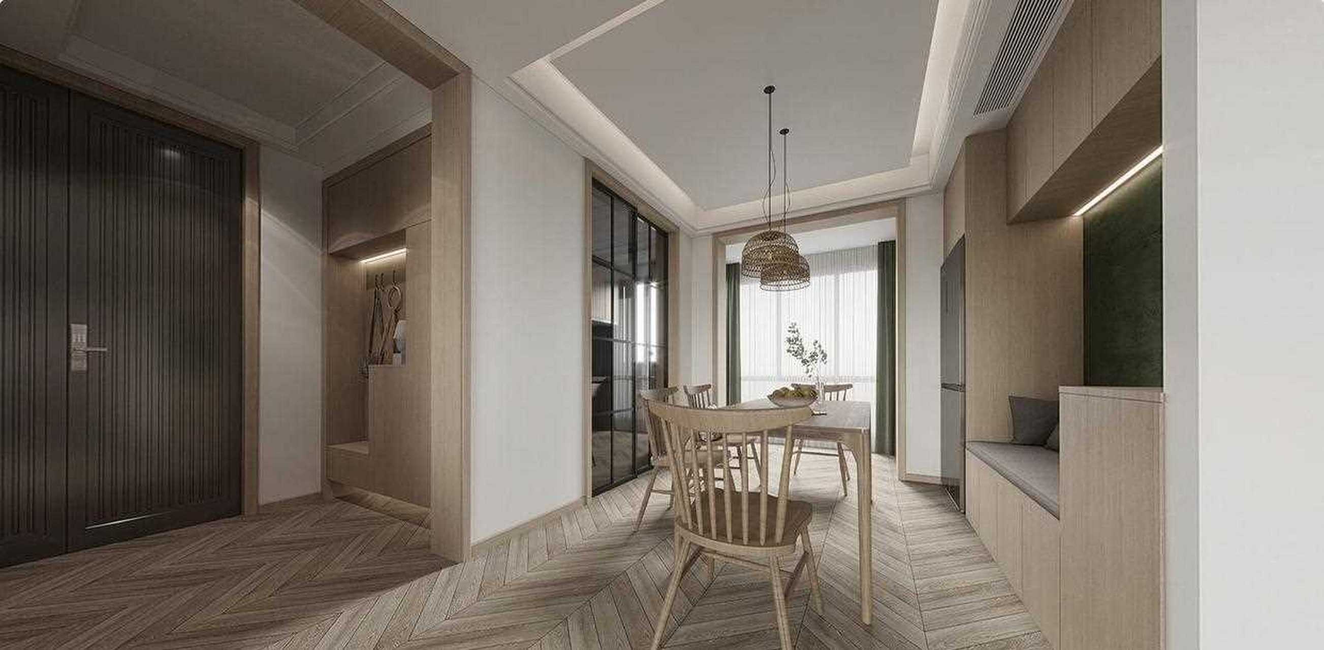 客厅区域没有选择冷色系的地砖,使用木色与暗绿色的碰撞,灵感来源于