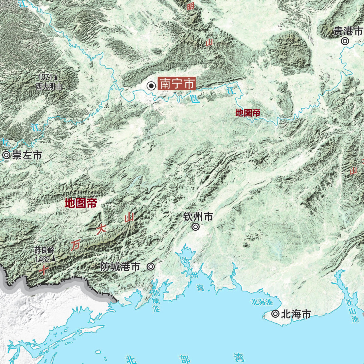 【廣西地形】 廣西四周多山脈高原,按照順時針方向依次是:十萬大山