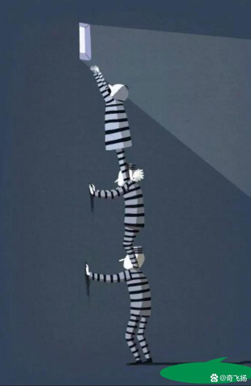 三个犯人准备越狱,可是他们发现叠罗汉后,还是够不到窗沿,他们如何