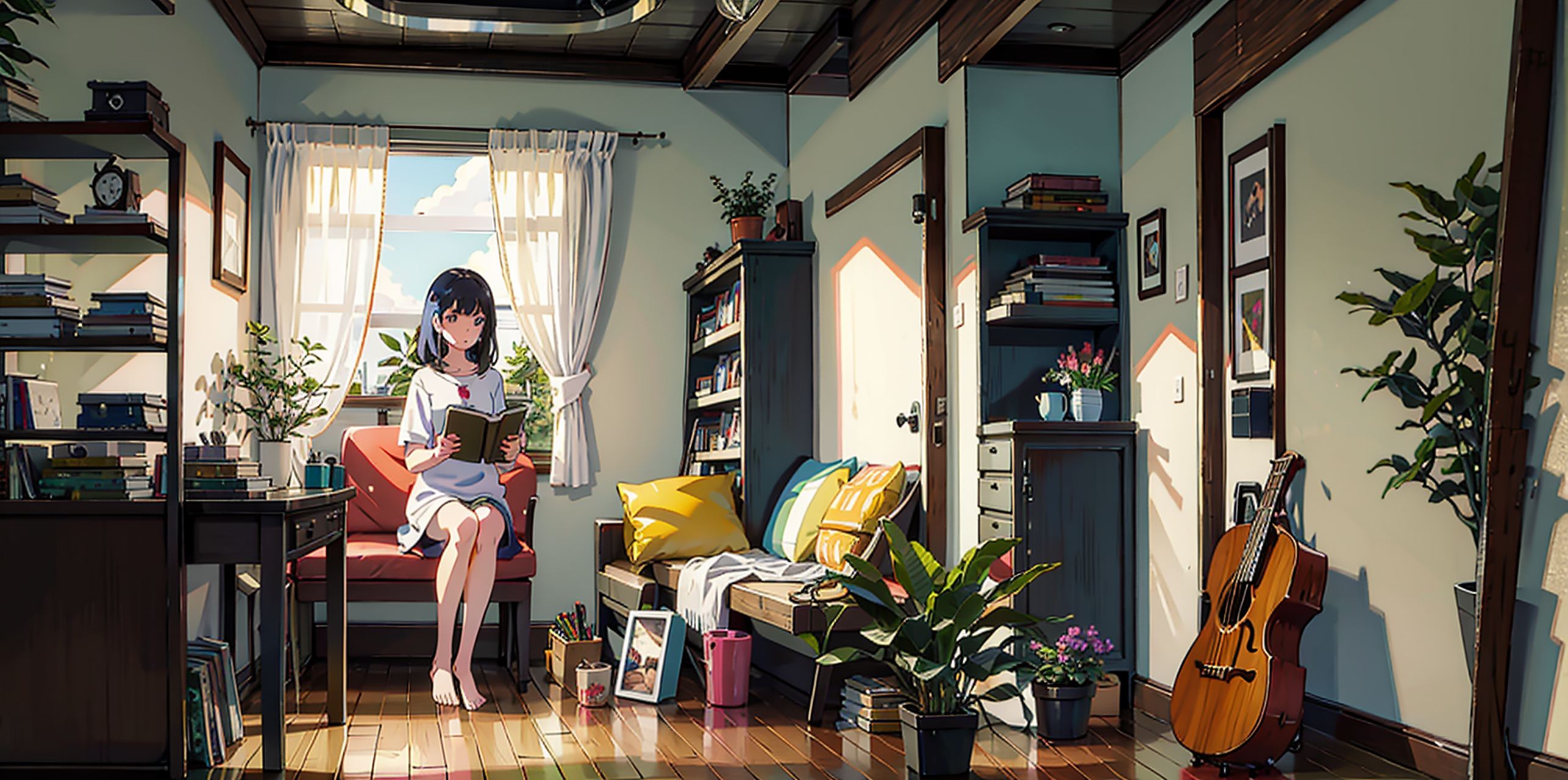 ai绘画浅尝试——唯美动漫风插图,轻松惬意的夏日室内时光#ai绘画