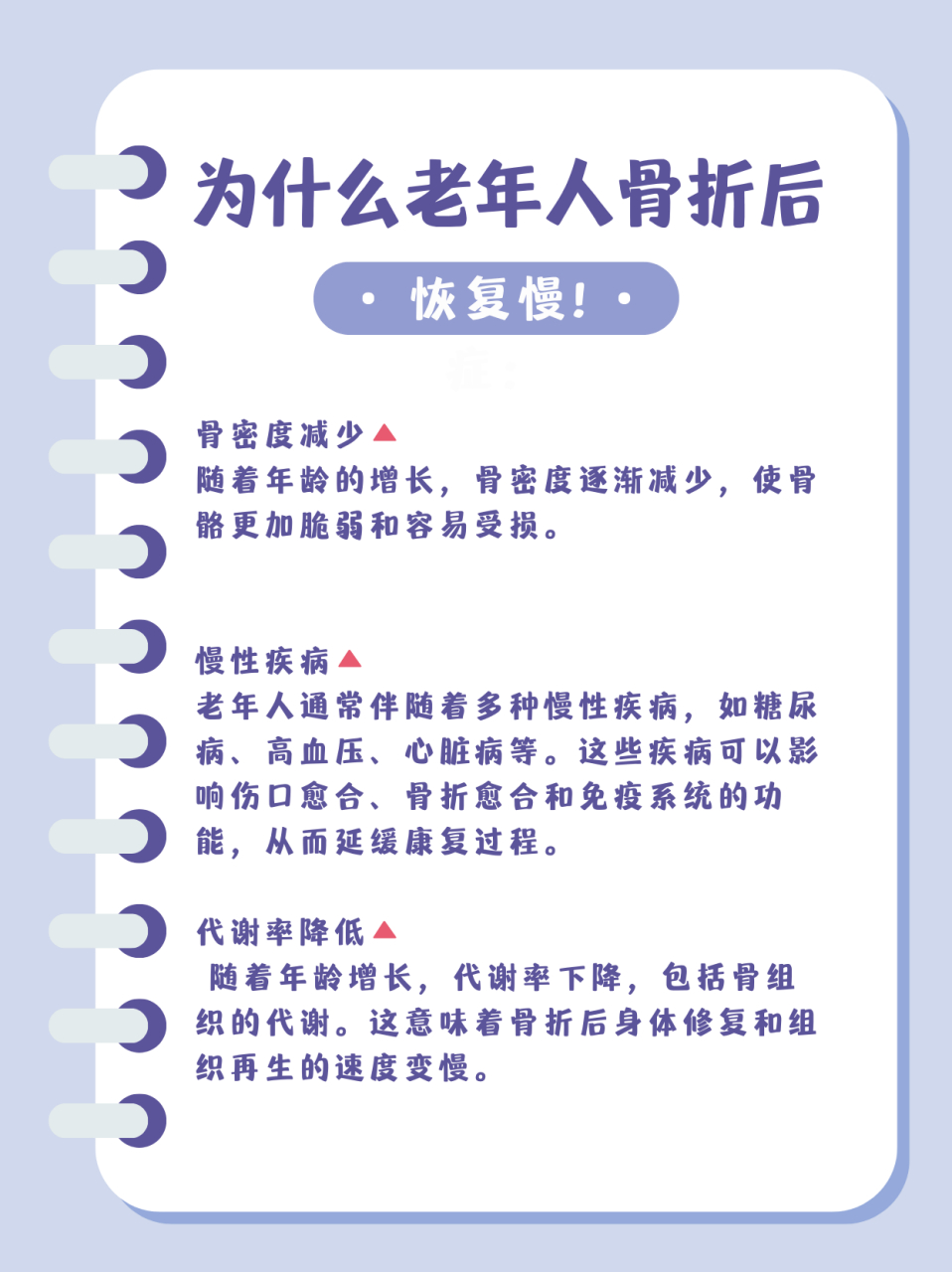 老年人骨折后恢复较慢的原因可以归结为多个因素,包括生理,代谢