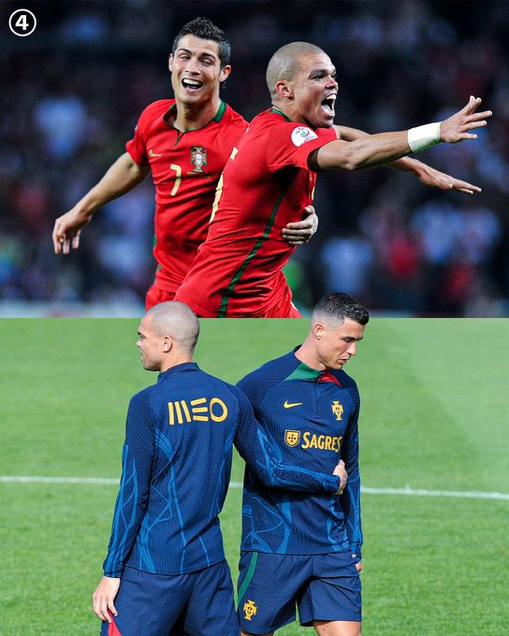 2007年:c罗和佩佩首次一起代表葡萄牙 2023年:c罗和佩佩仍然一起代表