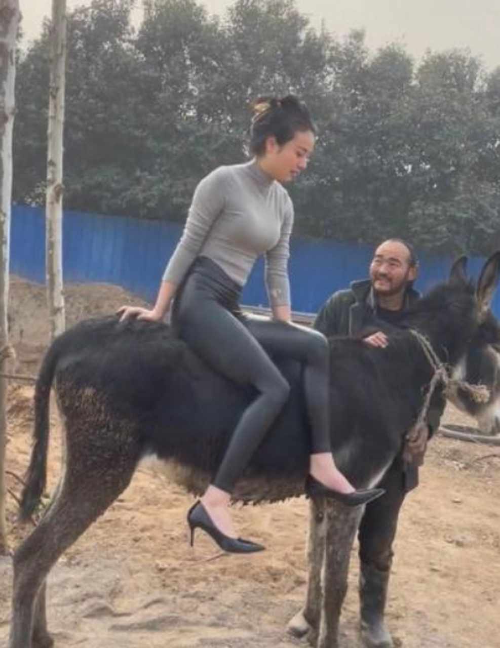 美女骑驴,大哥眼神好像在说什么