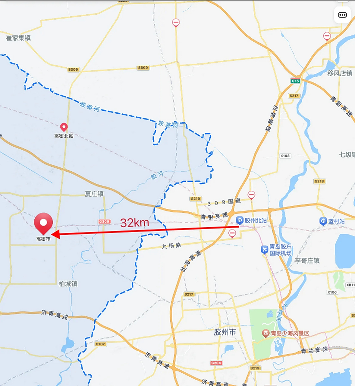从高密城区到潍坊市区和青岛市区李沧区的距离差不多,但是从高密到