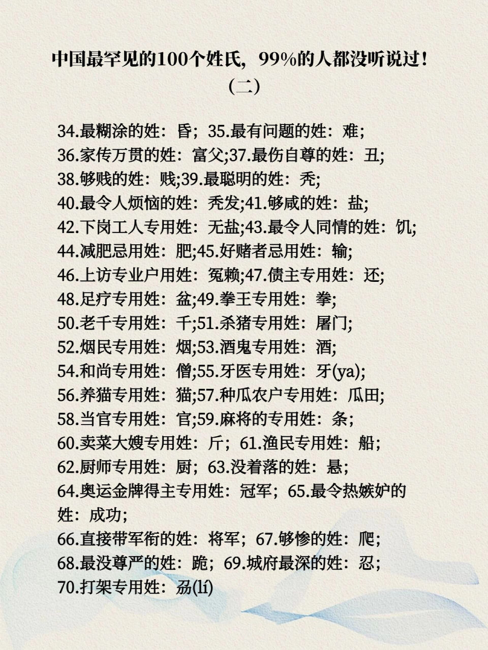 中国最稀有的100姓