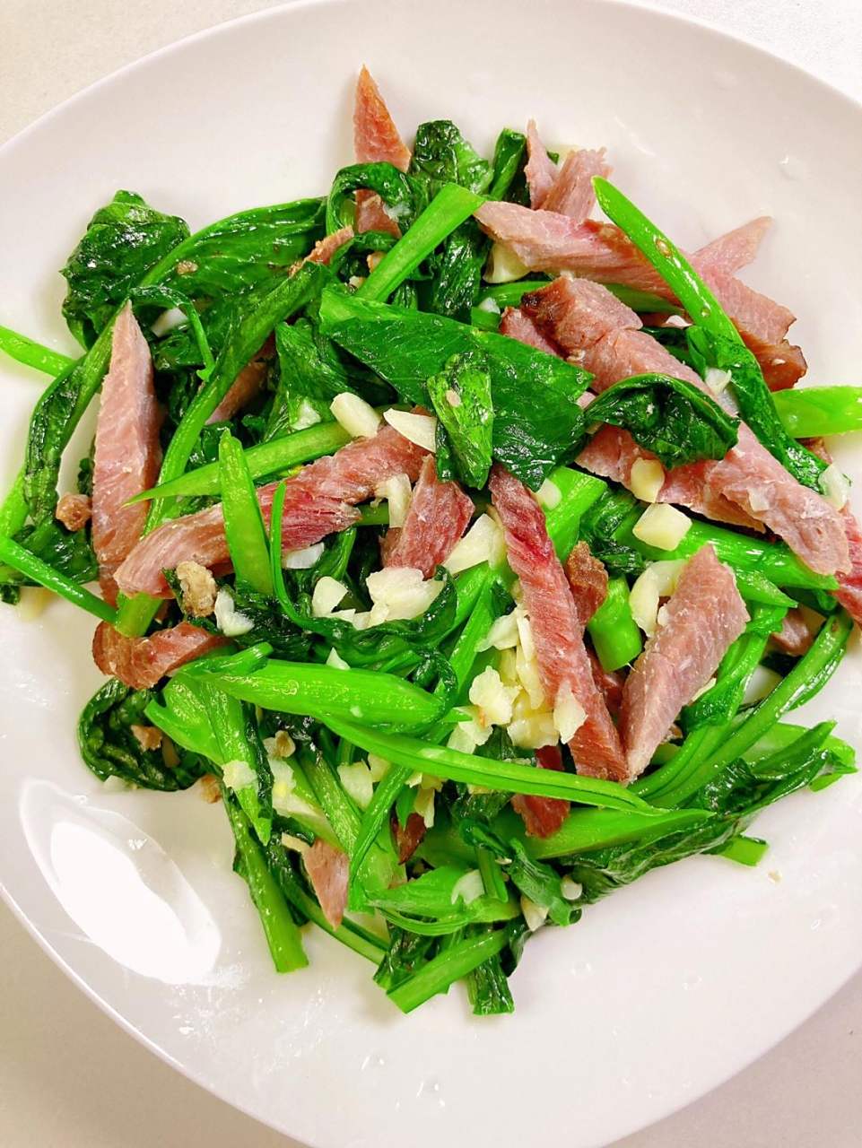 [樱花]美食[兔子]食谱[微风] 熏的腊瘦肉炒菜心, 菜心,熏的腊瘦肉 1