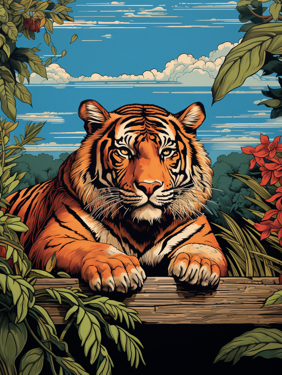 关键词 lino cut of a tiger, reddish - brown hair, black