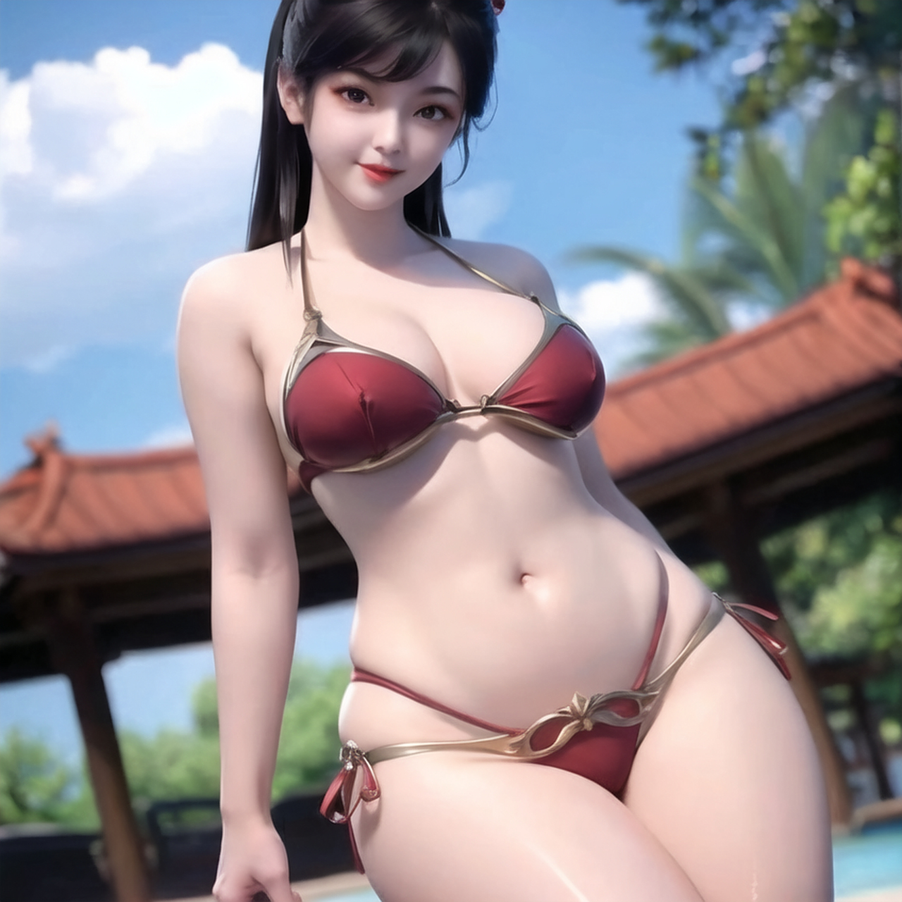 在阳光明媚的海滩上,有一位甜美,丰满的美少女,她身着比基尼,展现出活