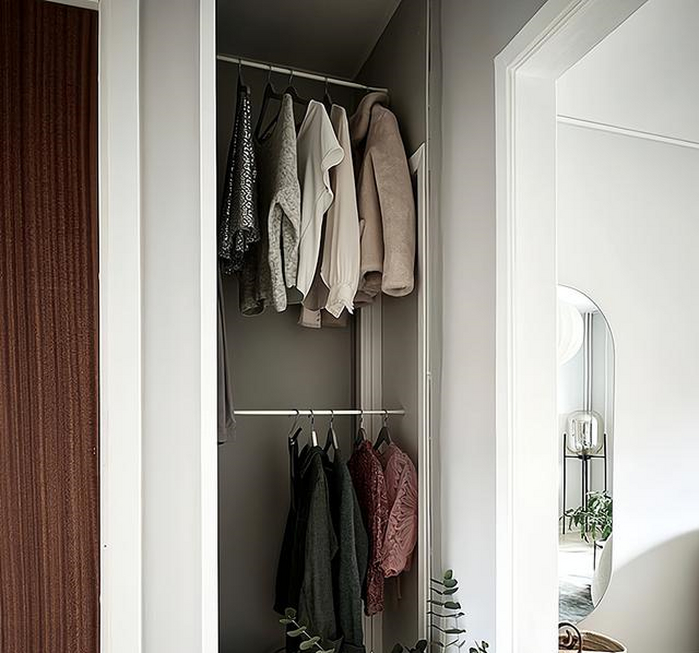 玄关的转角处,设计了一个小小的衣帽间,主要用来解决入户收纳问题.