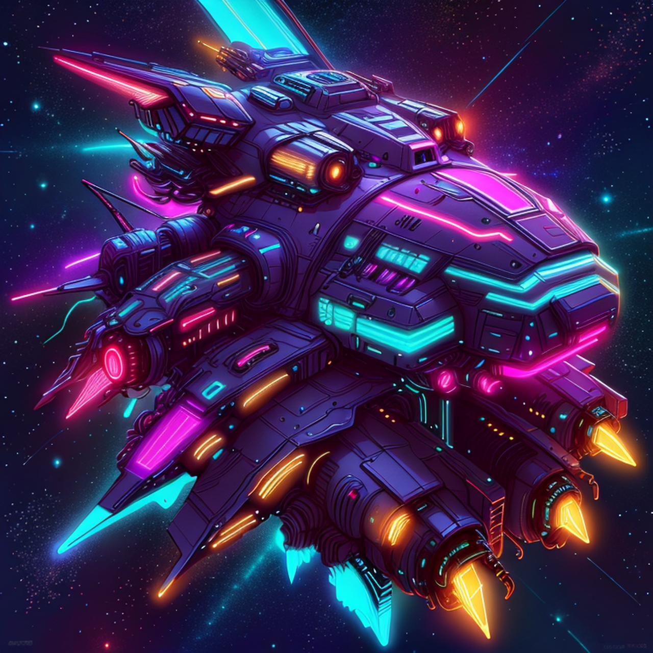 赛博朋克的宇宙飞船在太空中穿梭,它们的外观设计充满未来感,融合了高