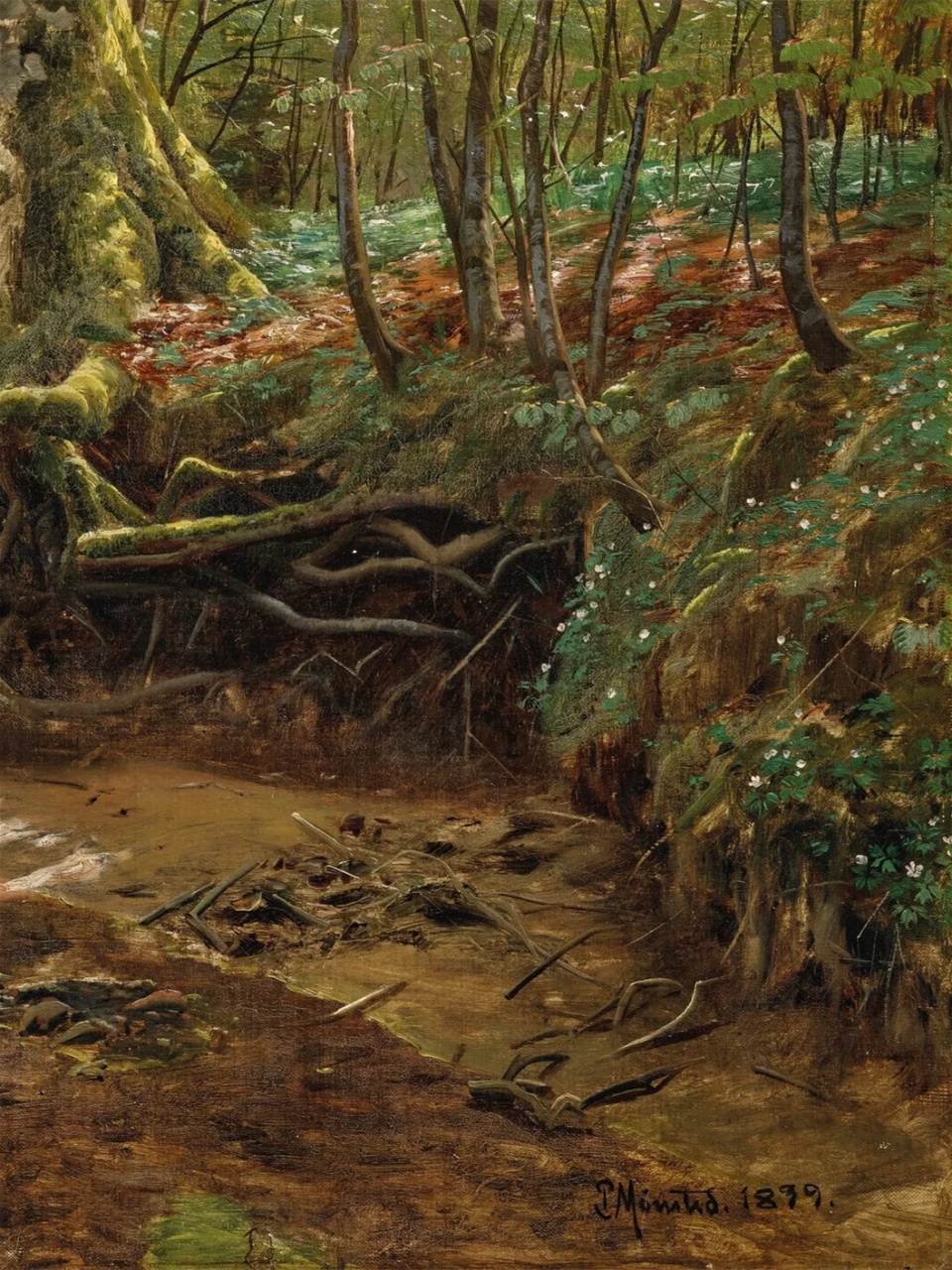 油画"森林景观与河流"  "外光派画家"蒙森德 森林景观与河流 	 彼得