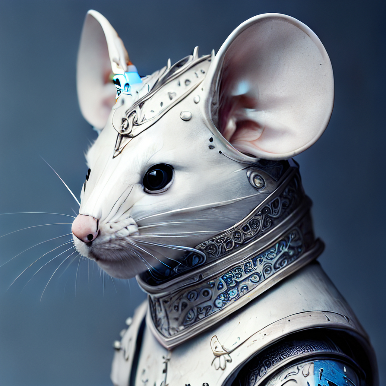 一只拟人的雄伟的白色骑士鼠的侧视图,金属盔甲和头盔的非常复杂的