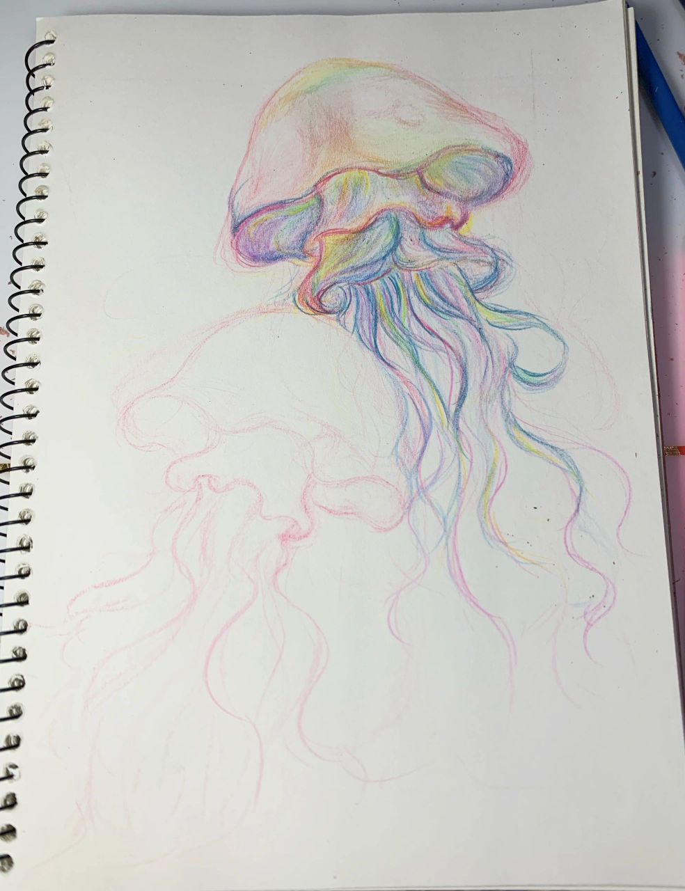 彩铅画  深海七彩水母  《深海七彩水母》 五颜六色的色彩交织与碰撞