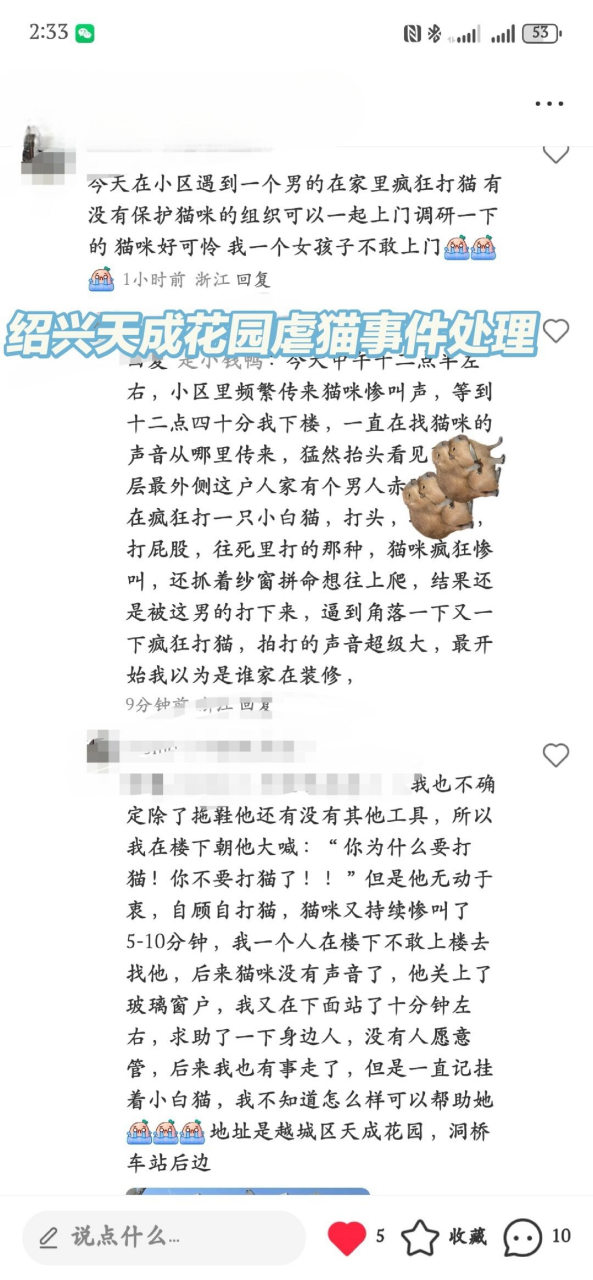 绍兴天成花园虐猫事件处理  昨天帖子下面收到求助,绍兴天成花园有人