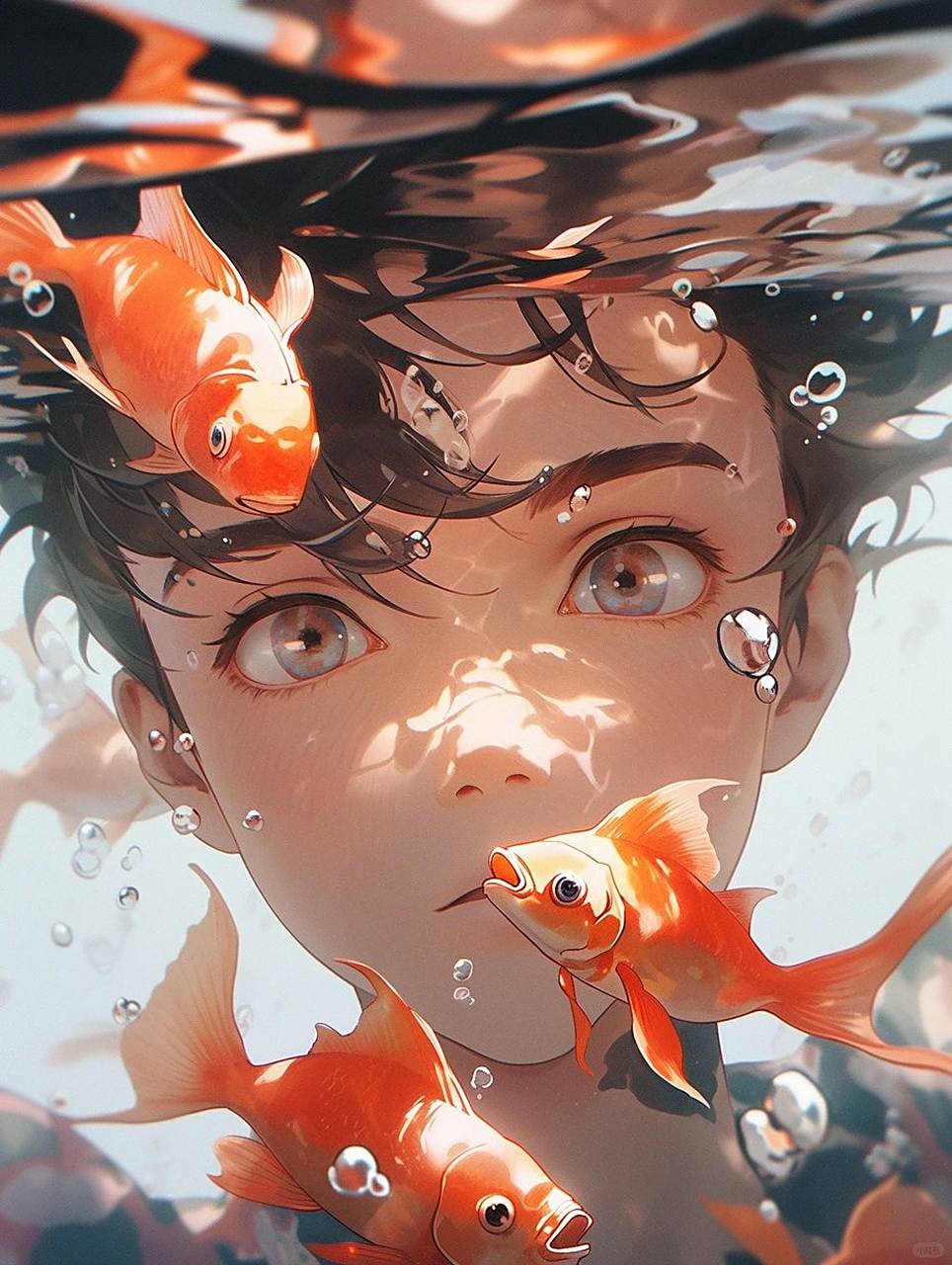 facial close - up, a cute boy and red fish, dreamy, watery eys