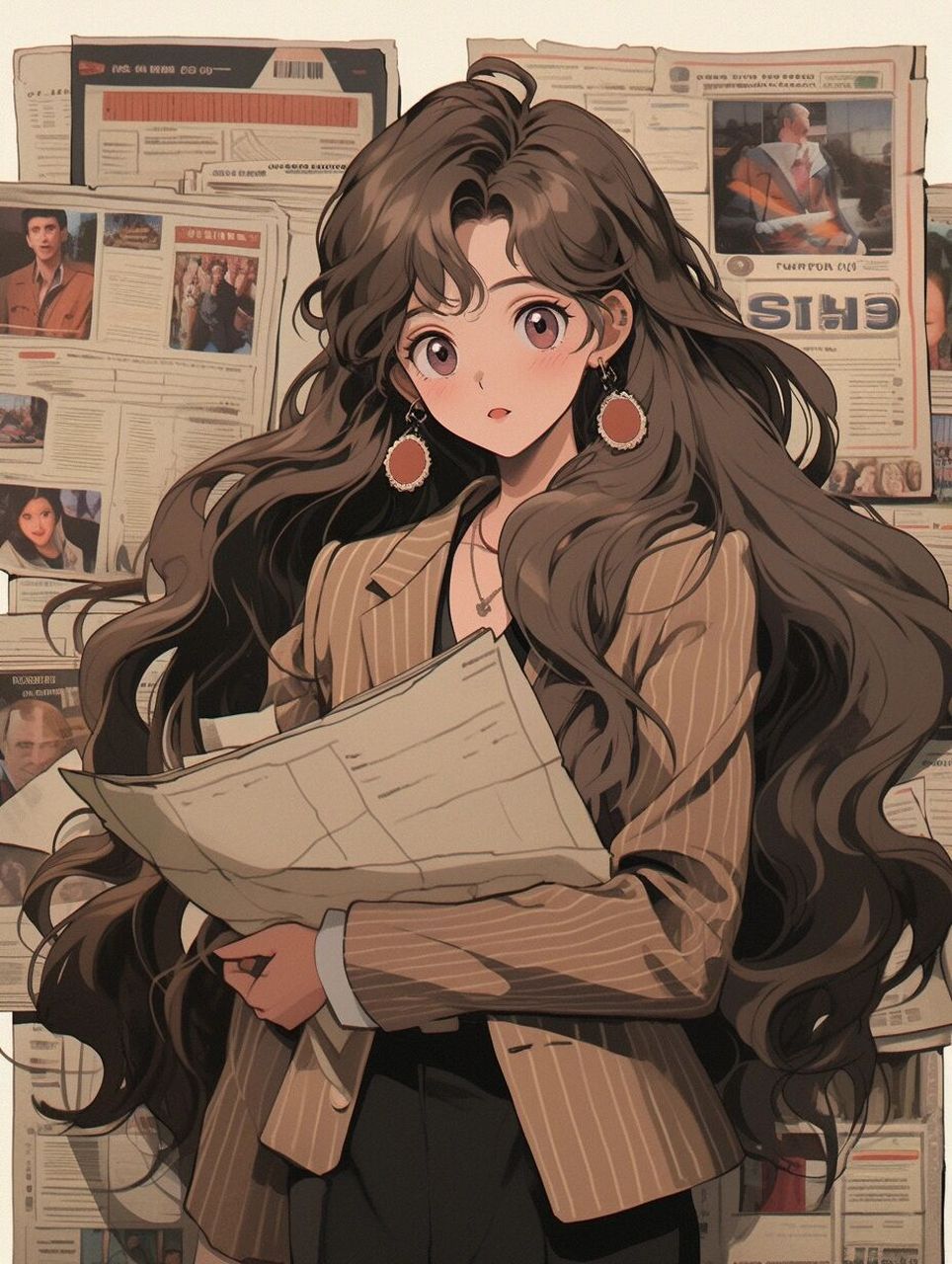 卡通插画,近景,一位棕色头发的女孩穿着复古风格的西装